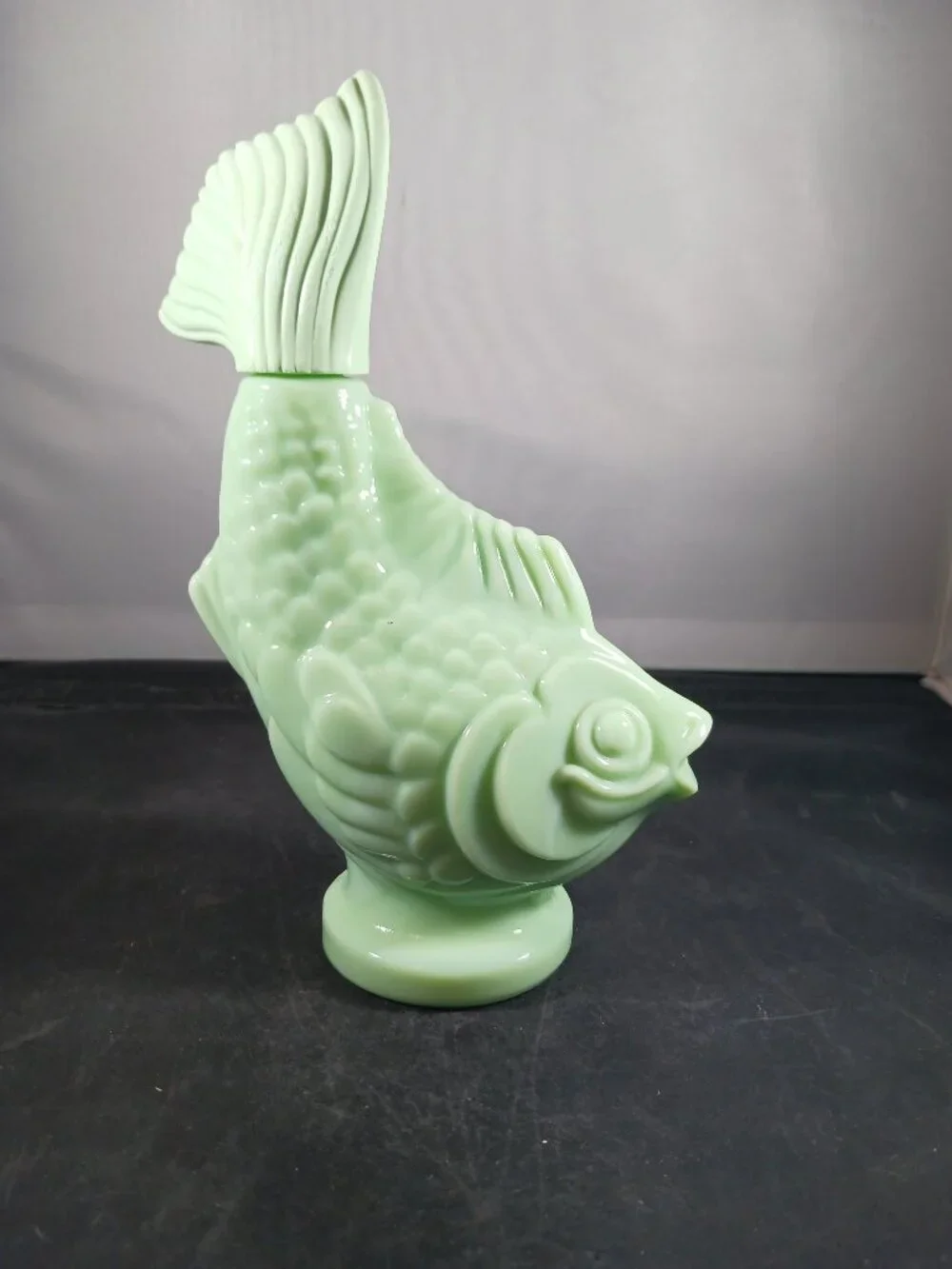 Avon Vintage Sea Spirit Jadeite Koi Fish Green Milk Glass Decanter